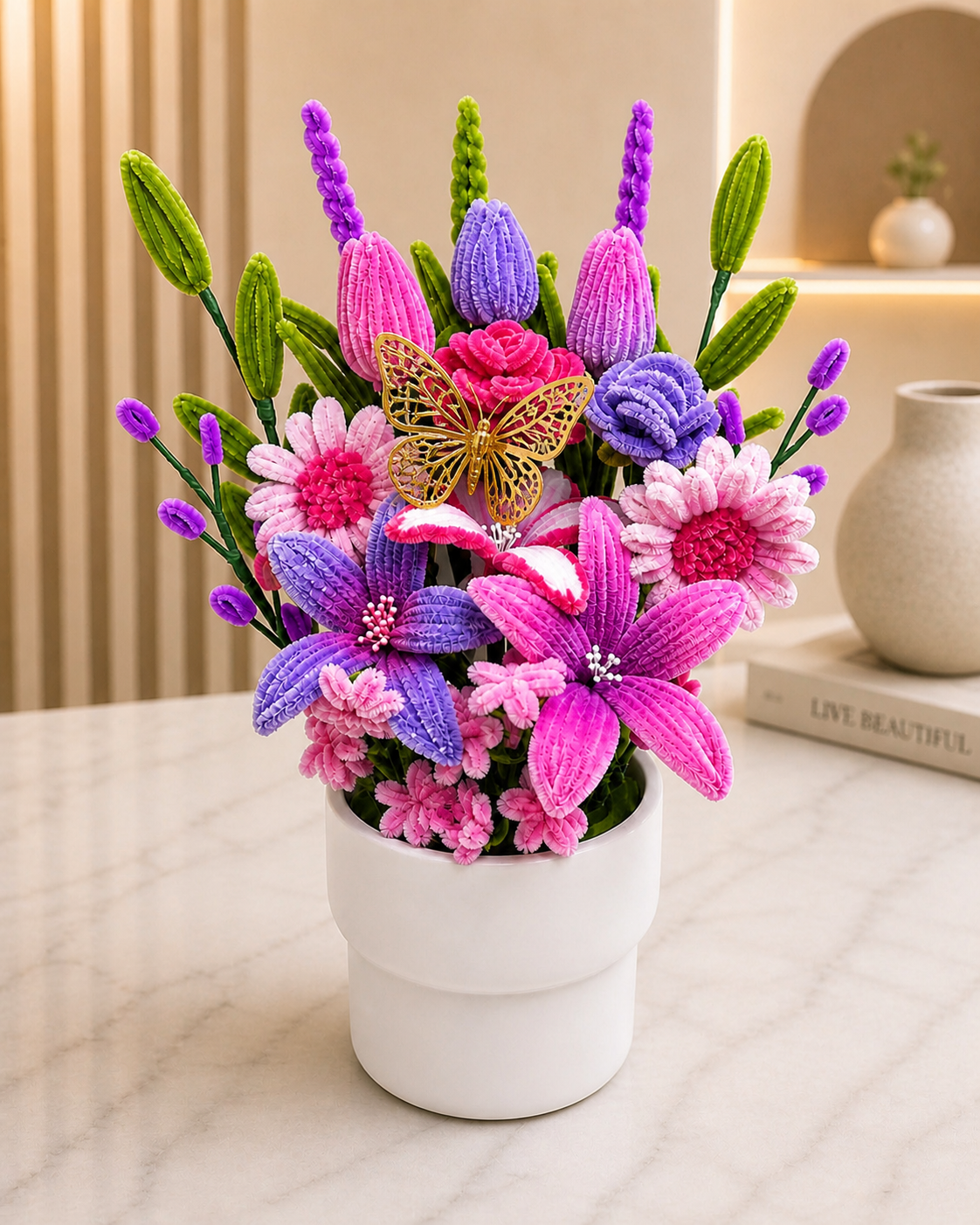 Handmade Butterfly Flower Arrangement in Pot, Forever Flowers Gift, Artificial Floral Display, Birthday Gift, Mother’s Day Gift