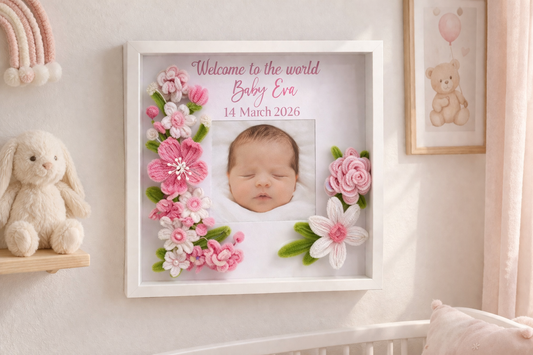Personalised Baby Photo Frame with Handmade Flowers – New Baby Gift, Nursery Decor, Custom Name & Date Keepsake