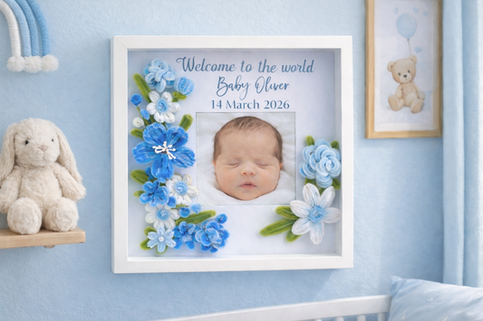 Personalised Baby Photo Frame with Handmade Flowers – New Baby Gift, Nursery Decor, Custom Name & Date Keepsake