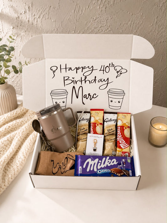 Personalised White Hot Chocolate Gift Box with Travel Mug, Socks & Chocolates