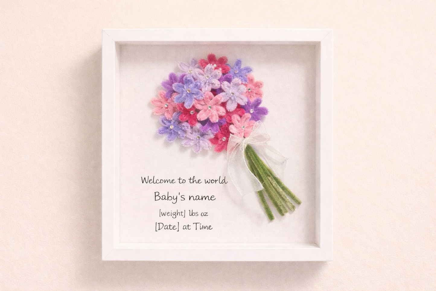 Personalised Baby Flower bouquet Frame, New Baby Gift, Custom Birth Details Frame, Baby Girl/Boy Nursery Decor, Welcome to the World Gift
