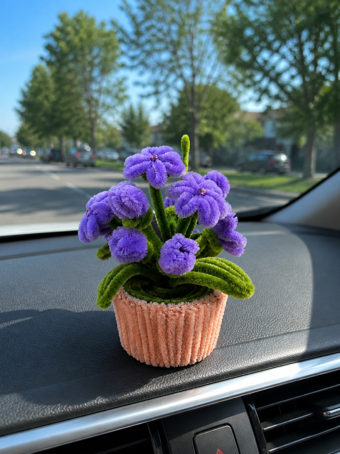 Handmade Car Dashboard pom pom Flowers – Self Adhesive Base