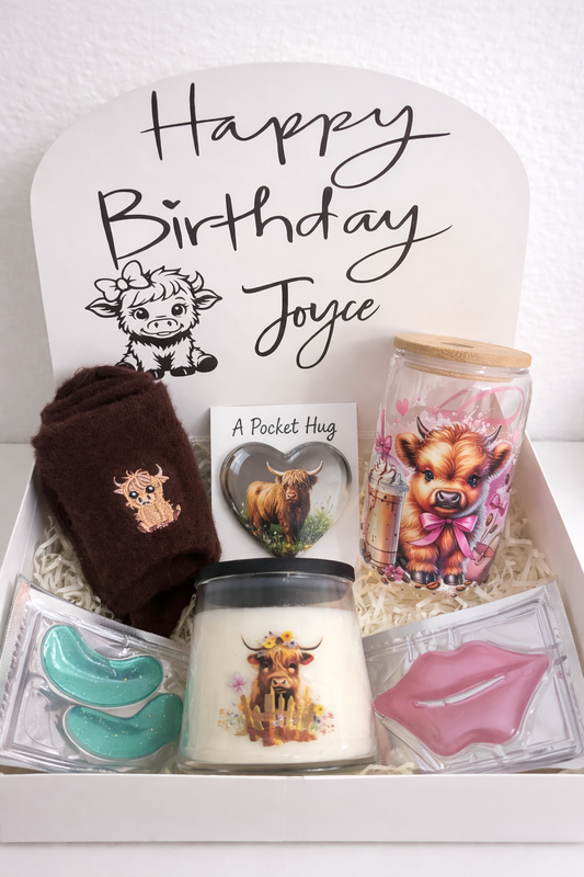 Personalised Highland Cow Gift Box – Wee Coo Birthday Hamper, Custom Name Glass, Unique Scottish Gift